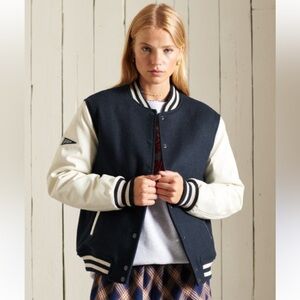 SuperDry navy blue white bomber varsity jacket women’s size 6 wool blend